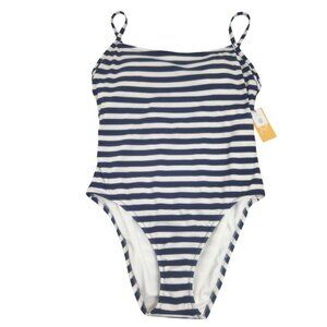 Kona Sol‎ One Piece Swimsuit Womens Size XL Navy White Stripe Ribbed Square Neck